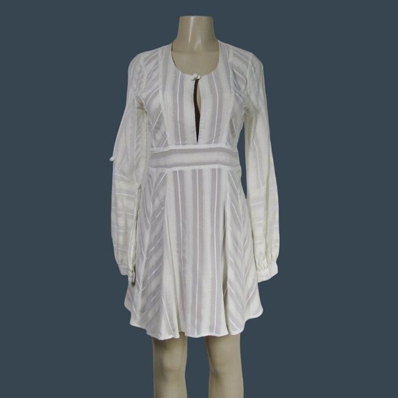 FOR LOVE & LEMONS M  White Chevron Stripe Boho Mini Dress Neutral Coastal Sheer - Picture 1 of 11